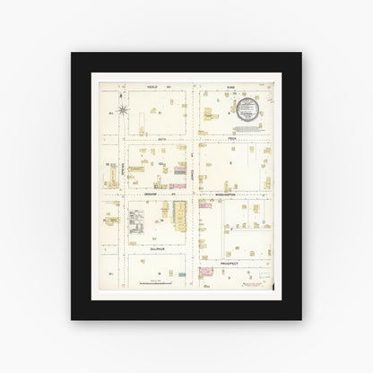 Old map wall art mockup — black gallery frame with white mat — Sanborn Fire Insurance Map from Elsinore, Riverside County, California (1890), Sheet #0001