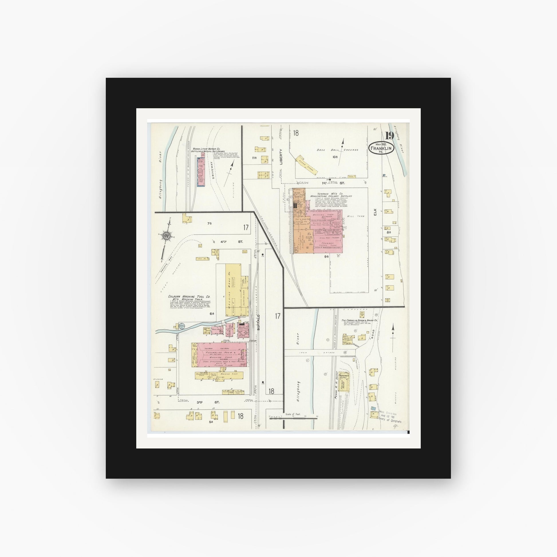 Old map wall art mockup — black gallery frame with white mat — Sanborn Fire Insurance Map from Franklin, Venango County, Pennsylvania (1912), Sheet #0019
