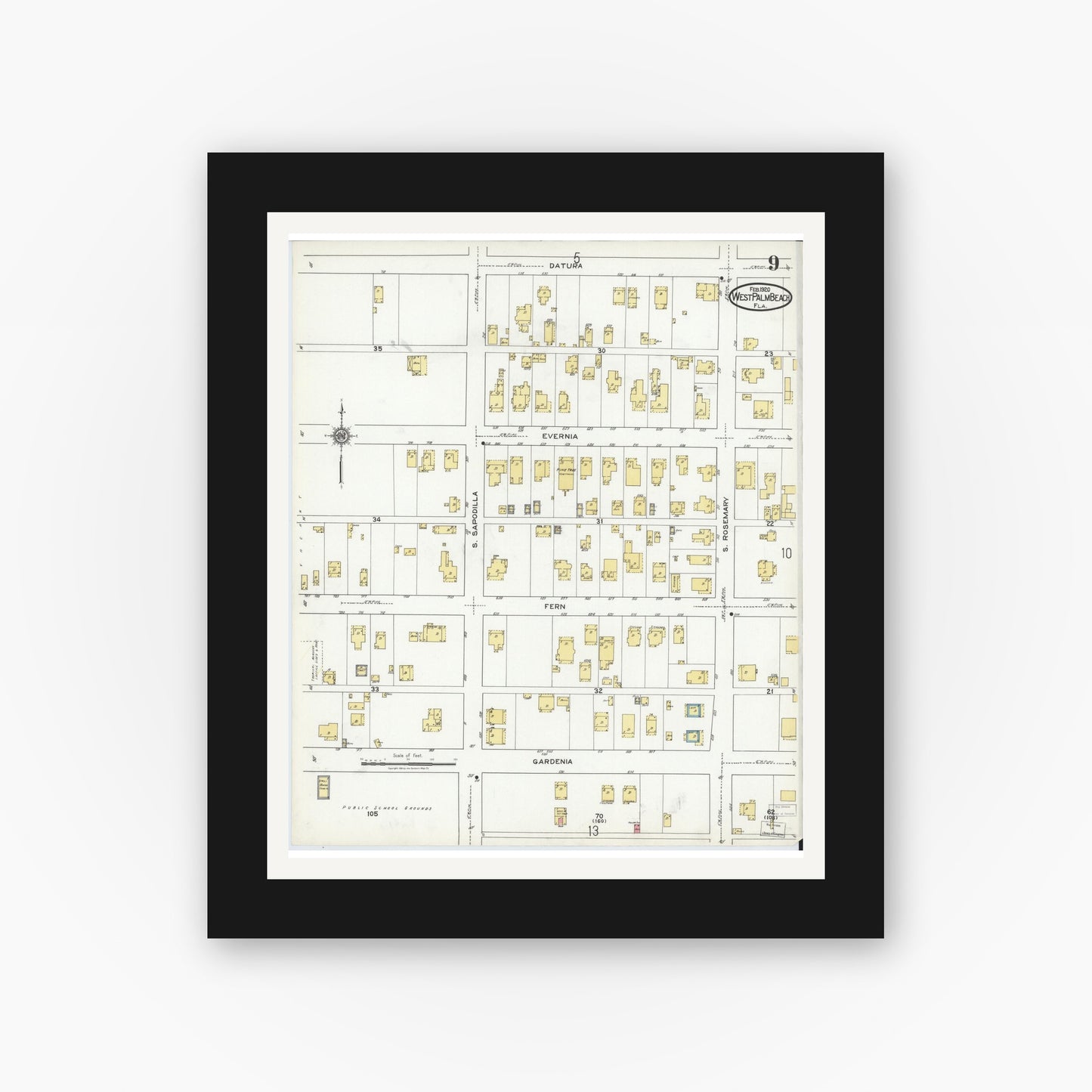 Old map wall art mockup — black gallery frame with white mat — Sanborn Fire Insurance Map from West Palm Beach, Dade County, Florida (1920), Sheet #0009