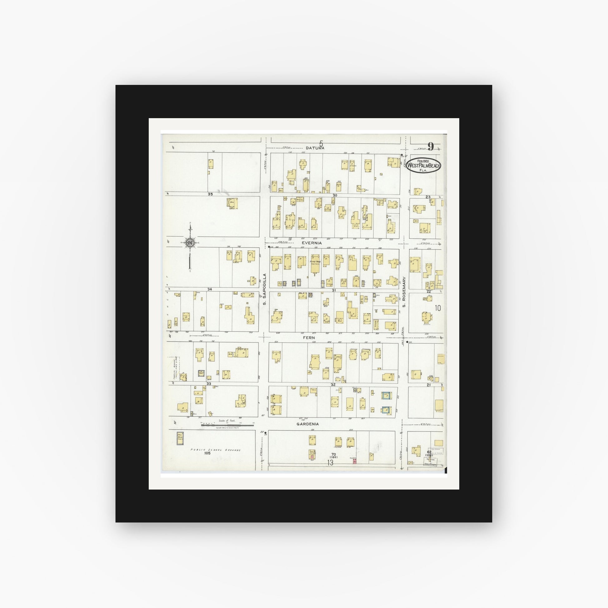 Old map wall art mockup — black gallery frame with white mat — Sanborn Fire Insurance Map from West Palm Beach, Dade County, Florida (1920), Sheet #0009