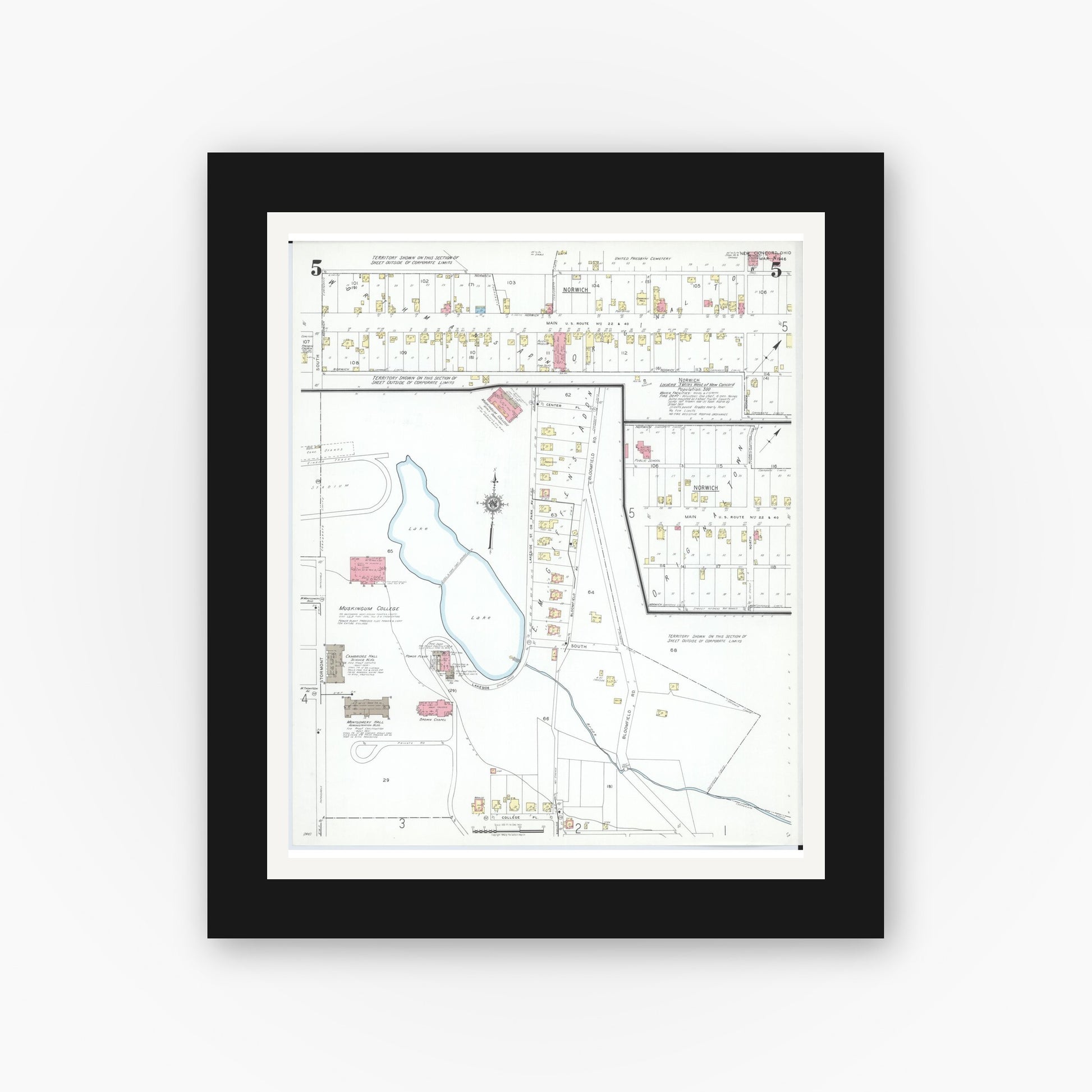 Old map wall art mockup — black gallery frame with white mat — Sanborn Fire Insurance Map from New Concord, Muskingum County, Ohio (1946), Sheet #0005