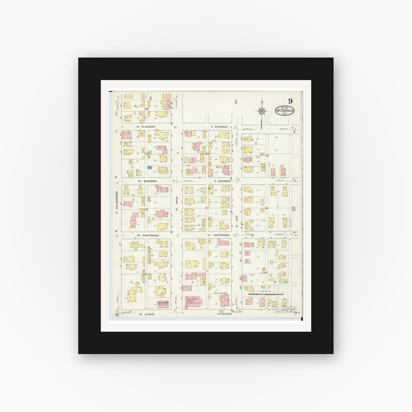 Old map wall art mockup — black gallery frame with white mat — Sanborn Fire Insurance Map from Mount Vernon, Knox County, Ohio (1913), Sheet #0009