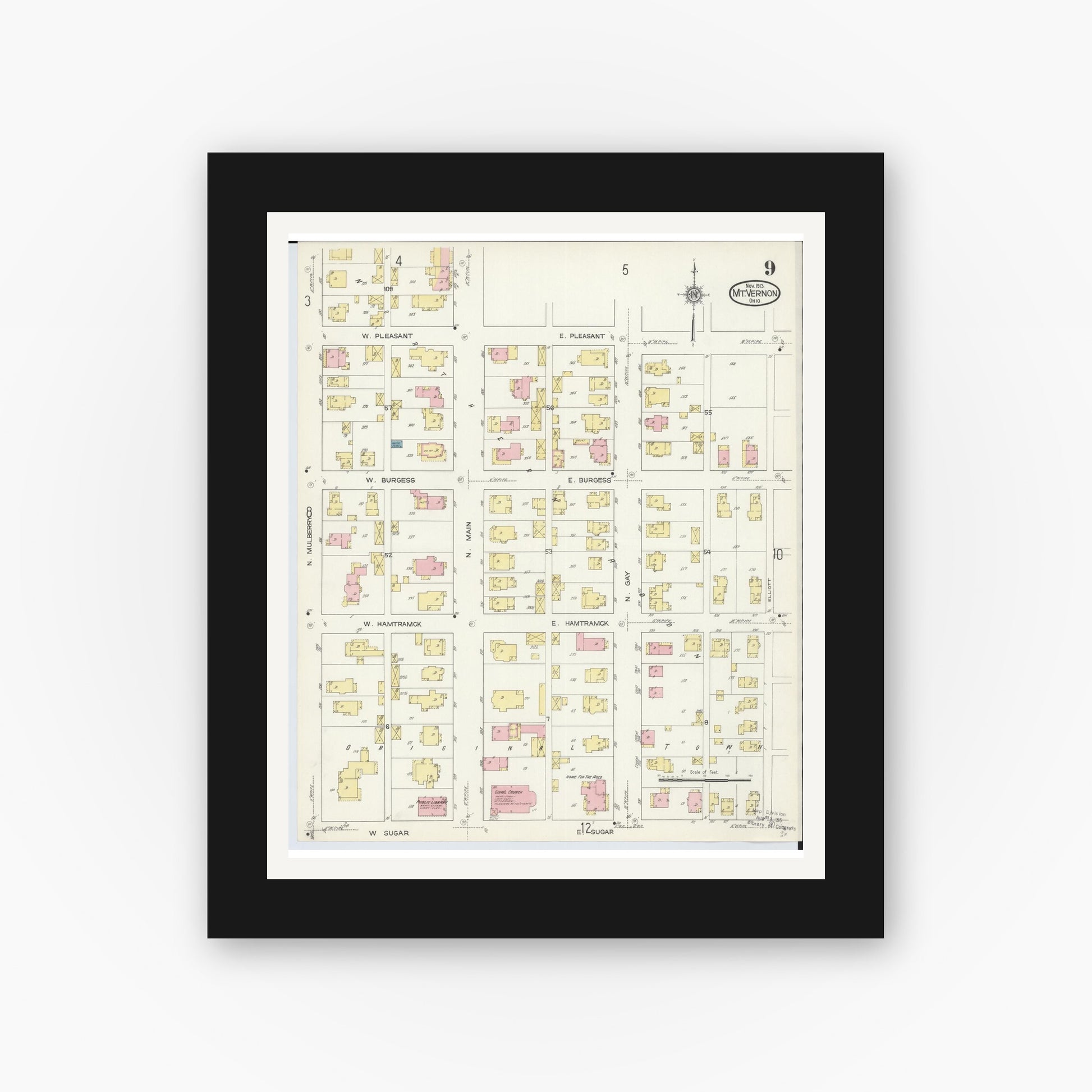Old map wall art mockup — black gallery frame with white mat — Sanborn Fire Insurance Map from Mount Vernon, Knox County, Ohio (1913), Sheet #0009