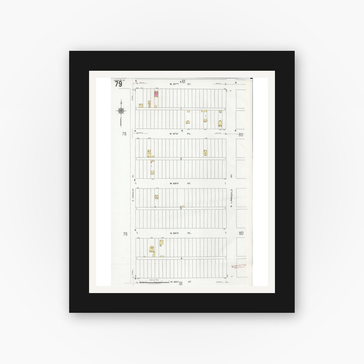 Old map wall art mockup — black gallery frame with white mat — Sanborn Fire Insurance Map from Chicago, Cook County, Illinois (1920), Sheet #0079
