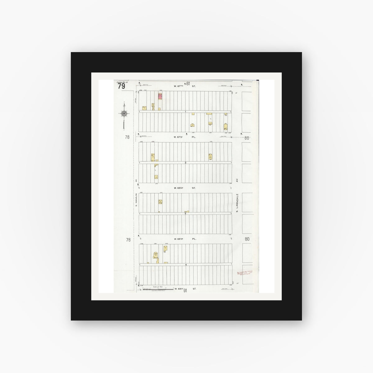 Old map wall art mockup — black gallery frame with white mat — Sanborn Fire Insurance Map from Chicago, Cook County, Illinois (1920), Sheet #0079