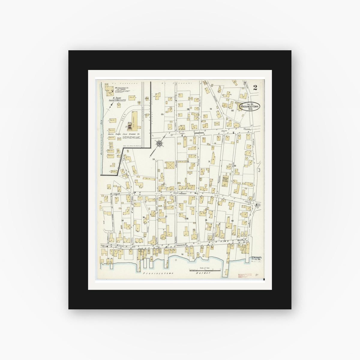 Old map wall art mockup — black gallery frame with white mat — Sanborn Fire Insurance Map from Provincetown, Barnstable County, Massachusetts (1912), Sheet #0002