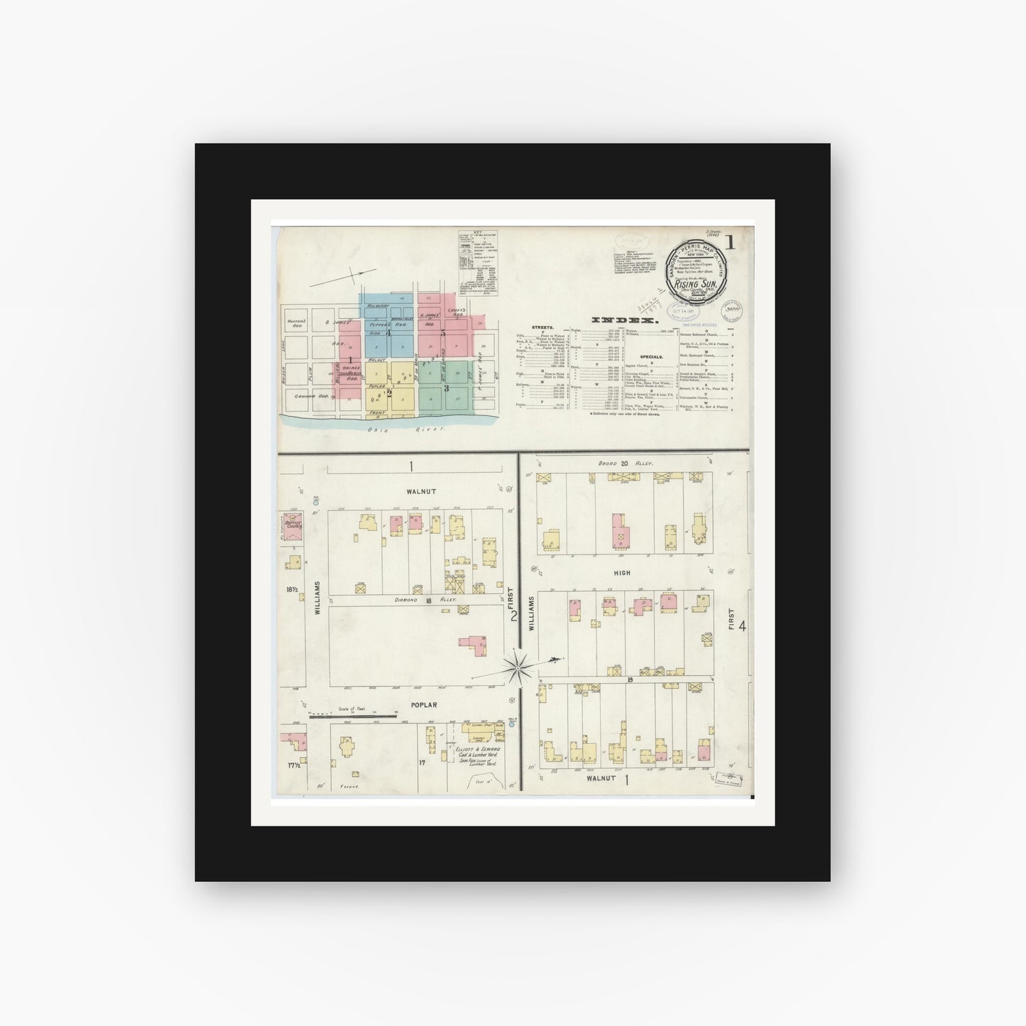 Old map wall art mockup — black gallery frame with white mat — Sanborn Fire Insurance Map from Rising Sun, Ohio County, Indiana (1897) - Complete Map Set