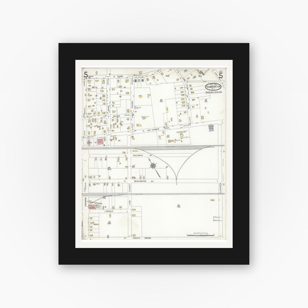 Old map wall art mockup — black gallery frame with white mat — Sanborn Fire Insurance Map from Hammonton, Atlantic County, New Jersey (1923), Sheet #0005