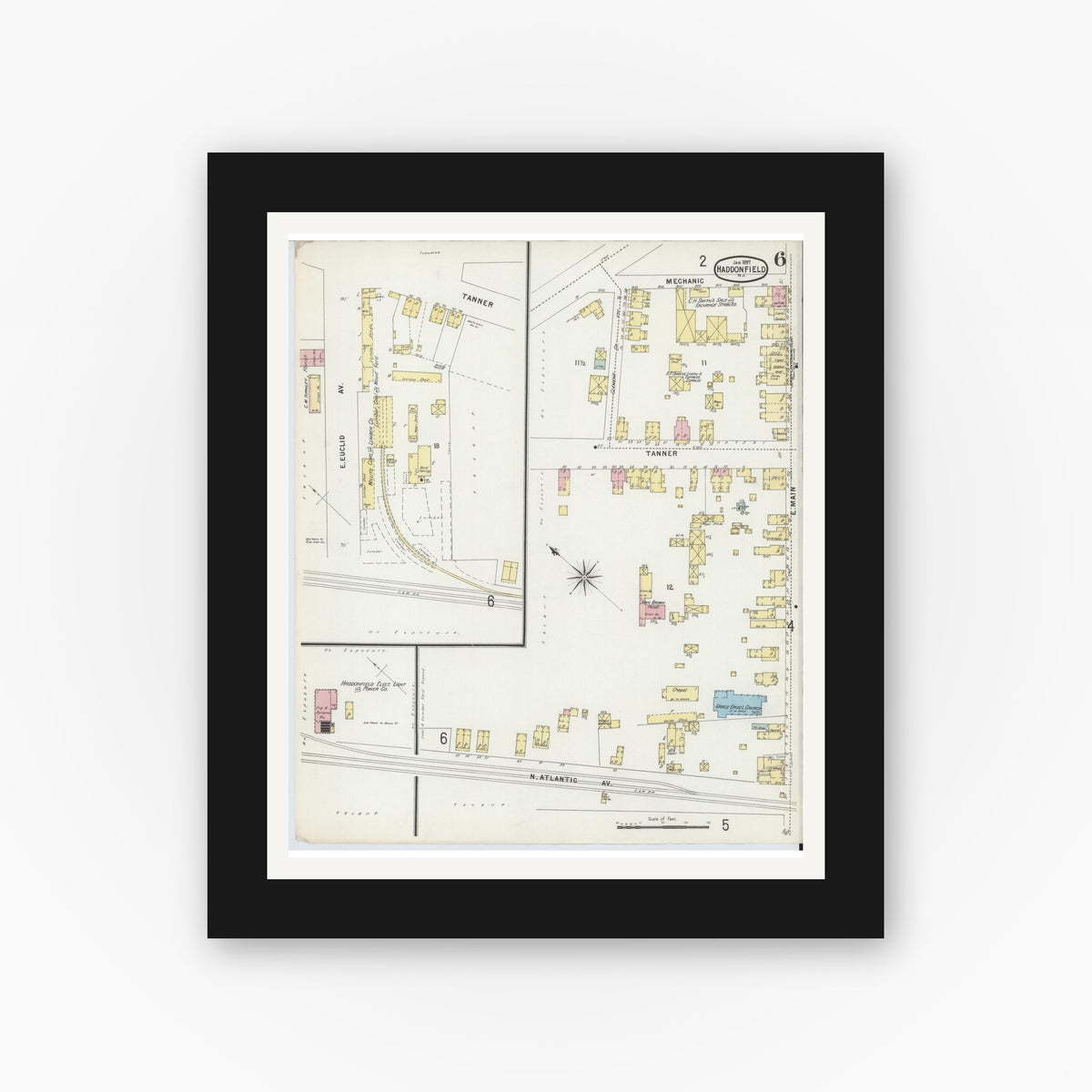 Old map wall art mockup — black gallery frame with white mat — Sanborn Fire Insurance Map from Haddonfield, Camden County, New Jersey (1897), Sheet #0006