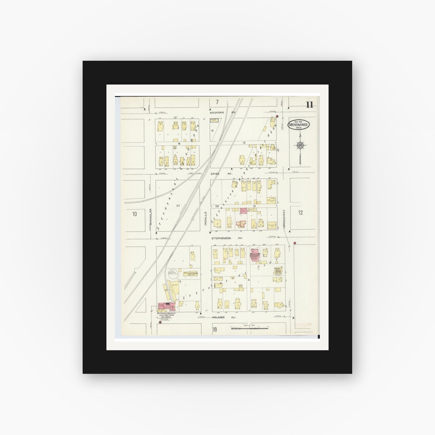 Old map wall art mockup — black gallery frame with white mat — Sanborn Fire Insurance Map from Menominee, Menominee County, Michigan (1913), Sheet #0011