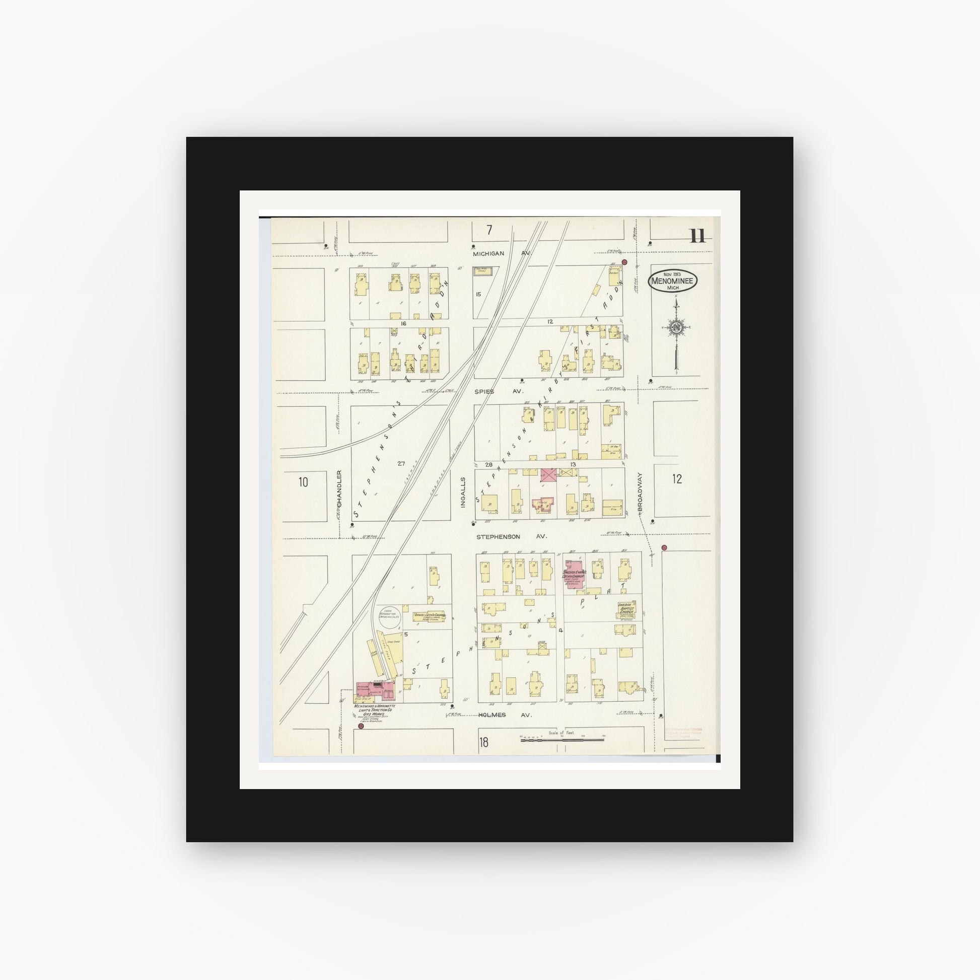 Old map wall art mockup — black gallery frame with white mat — Sanborn Fire Insurance Map from Menominee, Menominee County, Michigan (1913), Sheet #0011