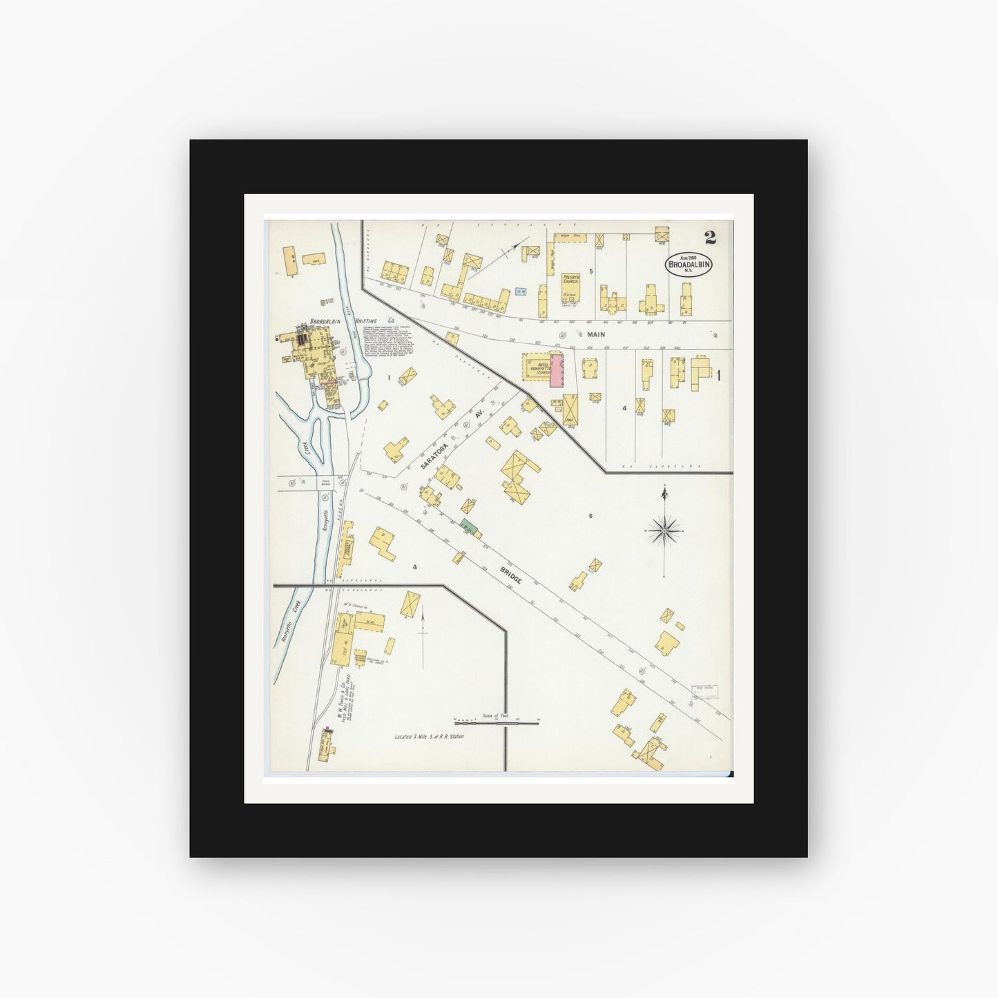 Old map wall art mockup — black gallery frame with white mat — Sanborn Fire Insurance Map from Broadalbin, Fulton County, New York (1900), Sheet #0002