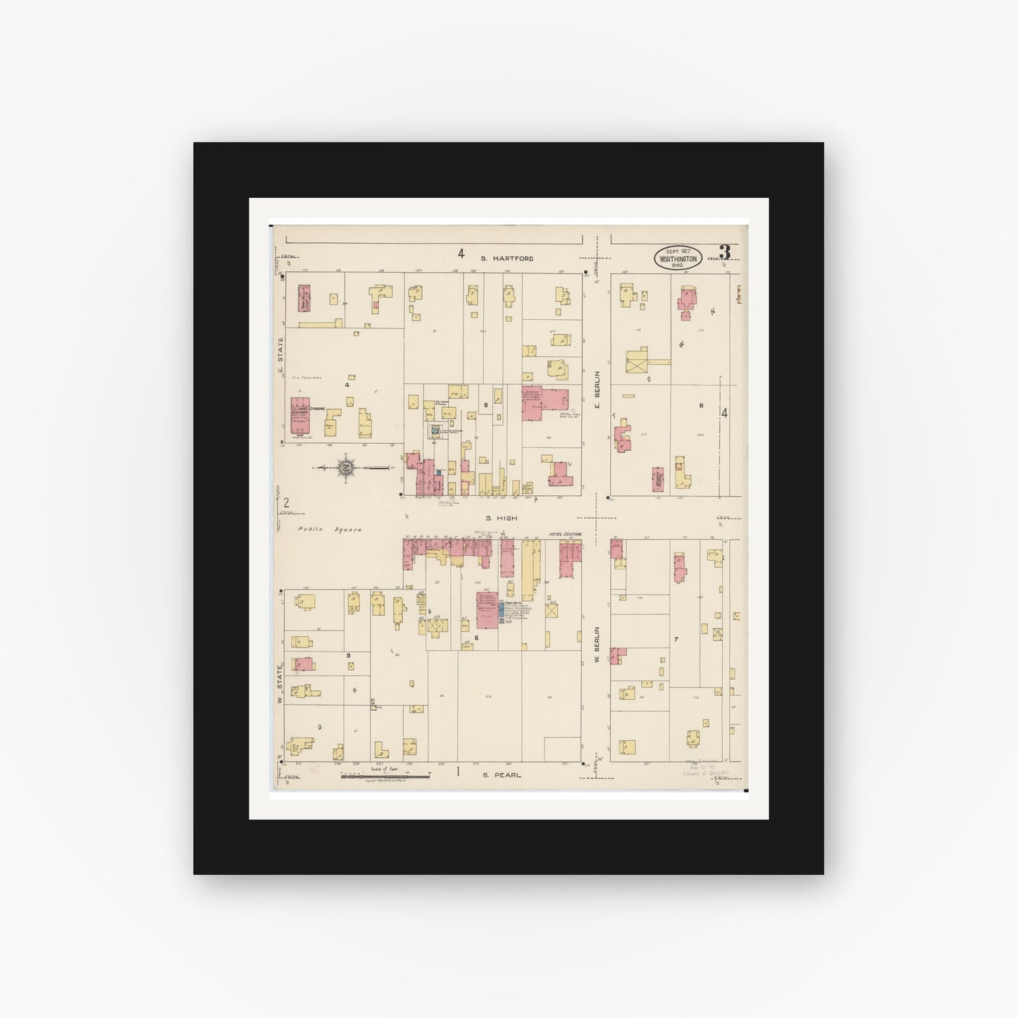 Old map wall art mockup — black gallery frame with white mat — Sanborn Fire Insurance Map from Worthington, Franklin County, Ohio (1922), Sheet #0003