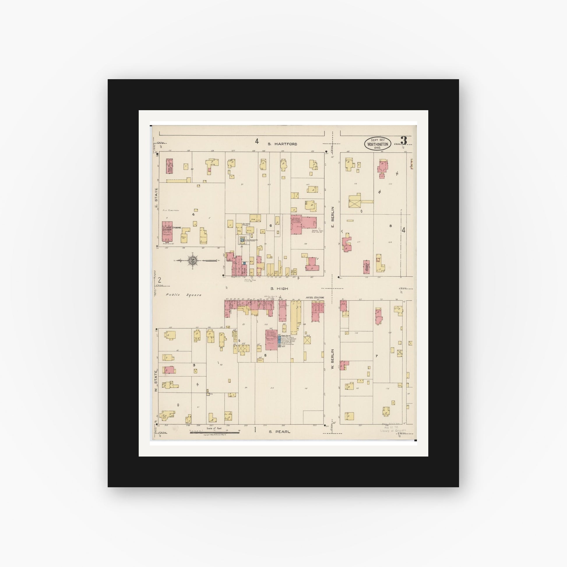 Old map wall art mockup — black gallery frame with white mat — Sanborn Fire Insurance Map from Worthington, Franklin County, Ohio (1922), Sheet #0003
