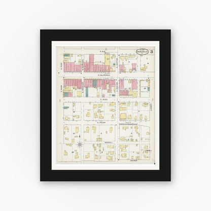 Old map wall art mockup — black gallery frame with white mat — Sanborn Fire Insurance Map from Gainesville, Cooke County, Texas (1892), Sheet #0003