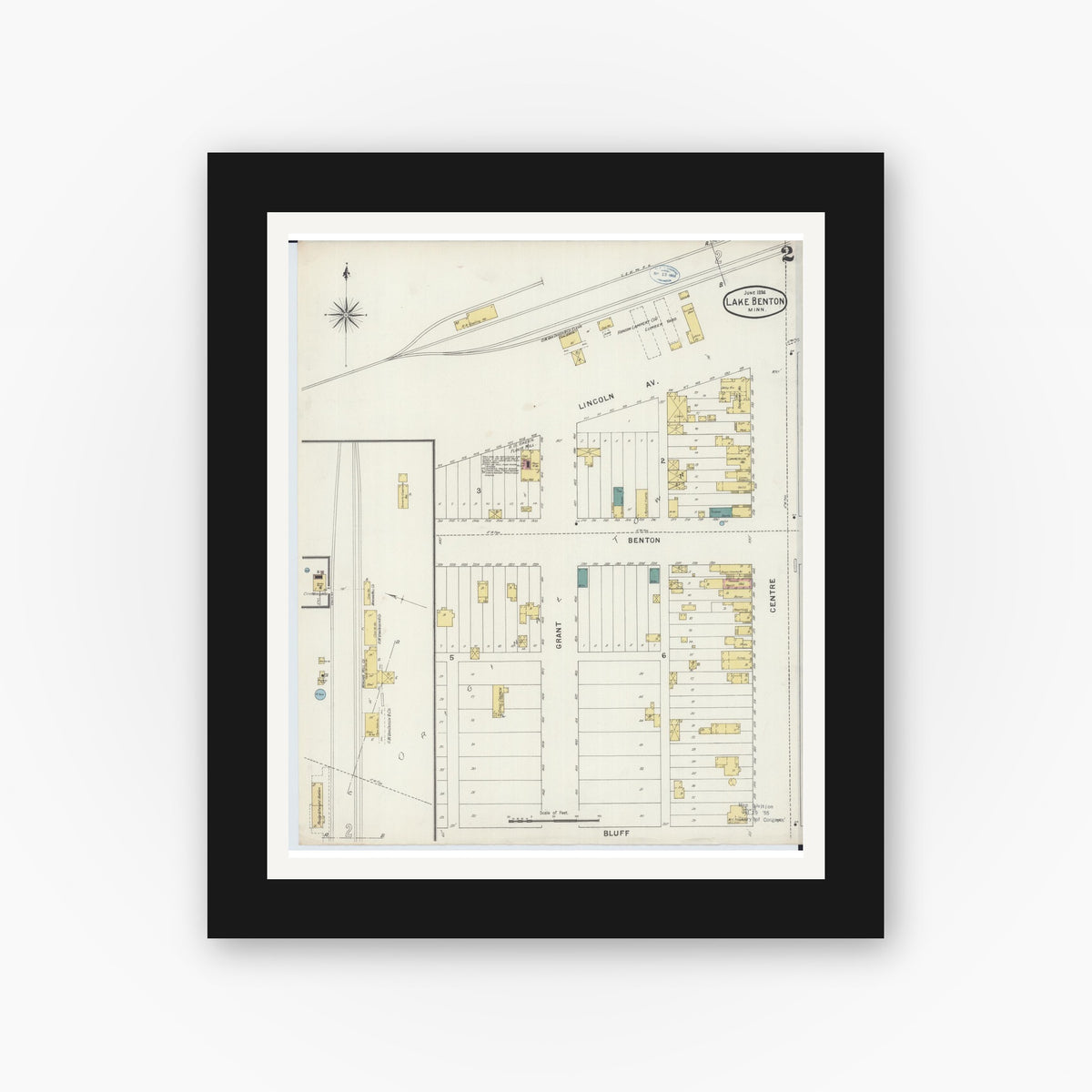 Old map wall art mockup — black gallery frame with white mat — Sanborn Fire Insurance Map from Lake Benton, Lincoln County, Minnesota (1894), Sheet #0002