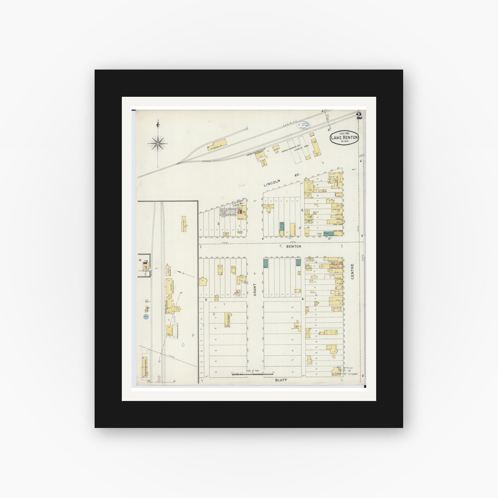 Old map wall art mockup — black gallery frame with white mat — Sanborn Fire Insurance Map from Lake Benton, Lincoln County, Minnesota (1894), Sheet #0002