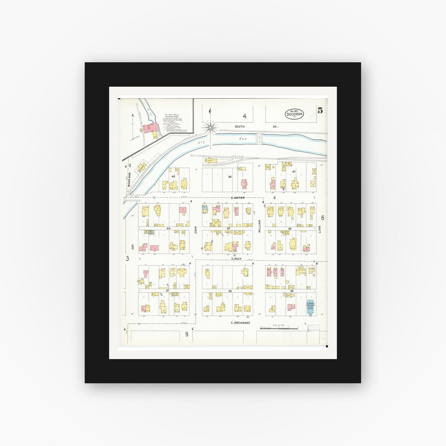 Old map wall art mockup — black gallery frame with white mat — Sanborn Fire Insurance Map from Decorah, Winneshiek County, Iowa (1902), Sheet #0005