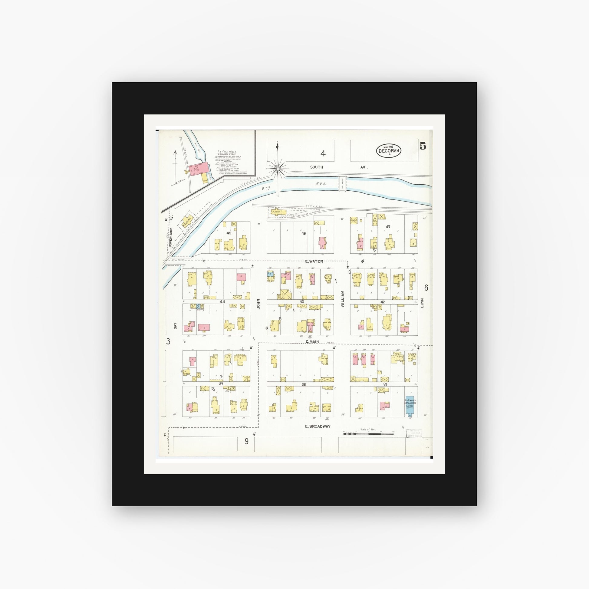 Old map wall art mockup — black gallery frame with white mat — Sanborn Fire Insurance Map from Decorah, Winneshiek County, Iowa (1902), Sheet #0005