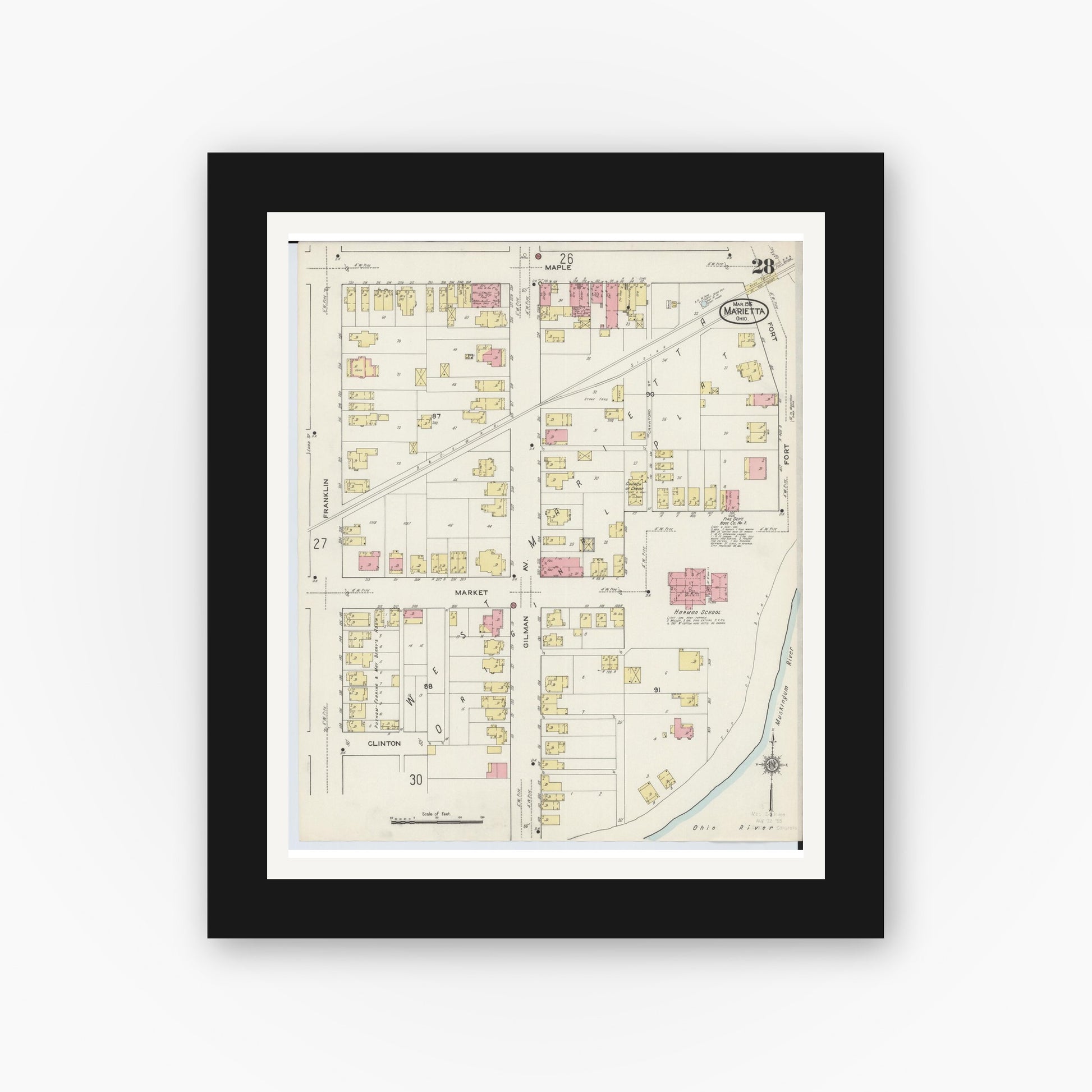 Old map wall art mockup — black gallery frame with white mat — Sanborn Fire Insurance Map from Marietta, Washington County, Ohio (1915), Sheet #0028