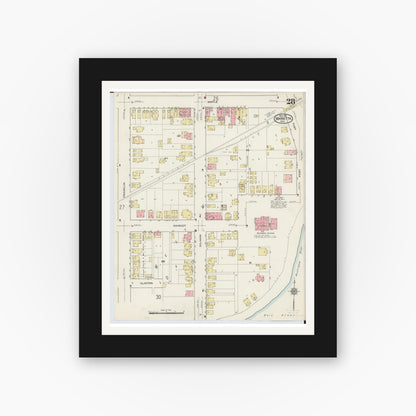 Old map wall art mockup — black gallery frame with white mat — Sanborn Fire Insurance Map from Marietta, Washington County, Ohio (1915), Sheet #0028