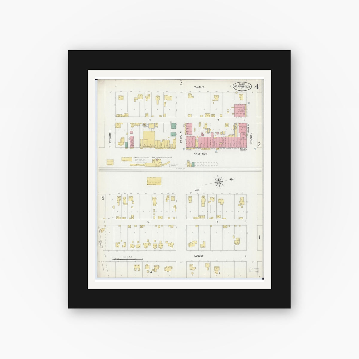 Old map wall art mockup — black gallery frame with white mat — Sanborn Fire Insurance Map from Assumption, Christian County, Illinois (1899), Sheet #0004