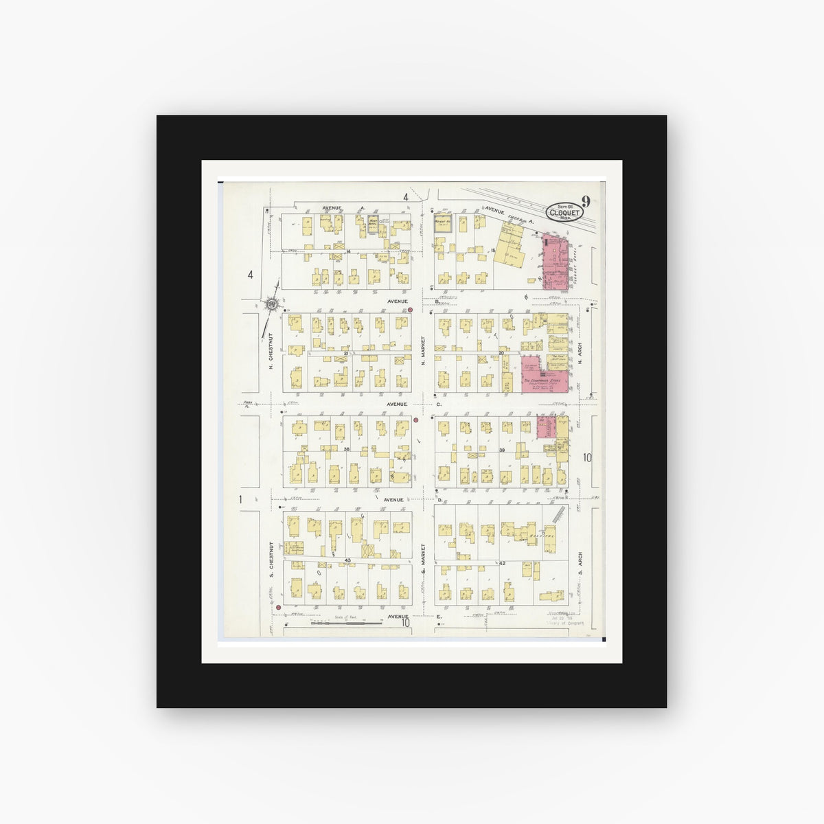 Old map wall art mockup — black gallery frame with white mat — Sanborn Fire Insurance Map from Cloquet, Carlton County, Minnesota (1911), Sheet #0009