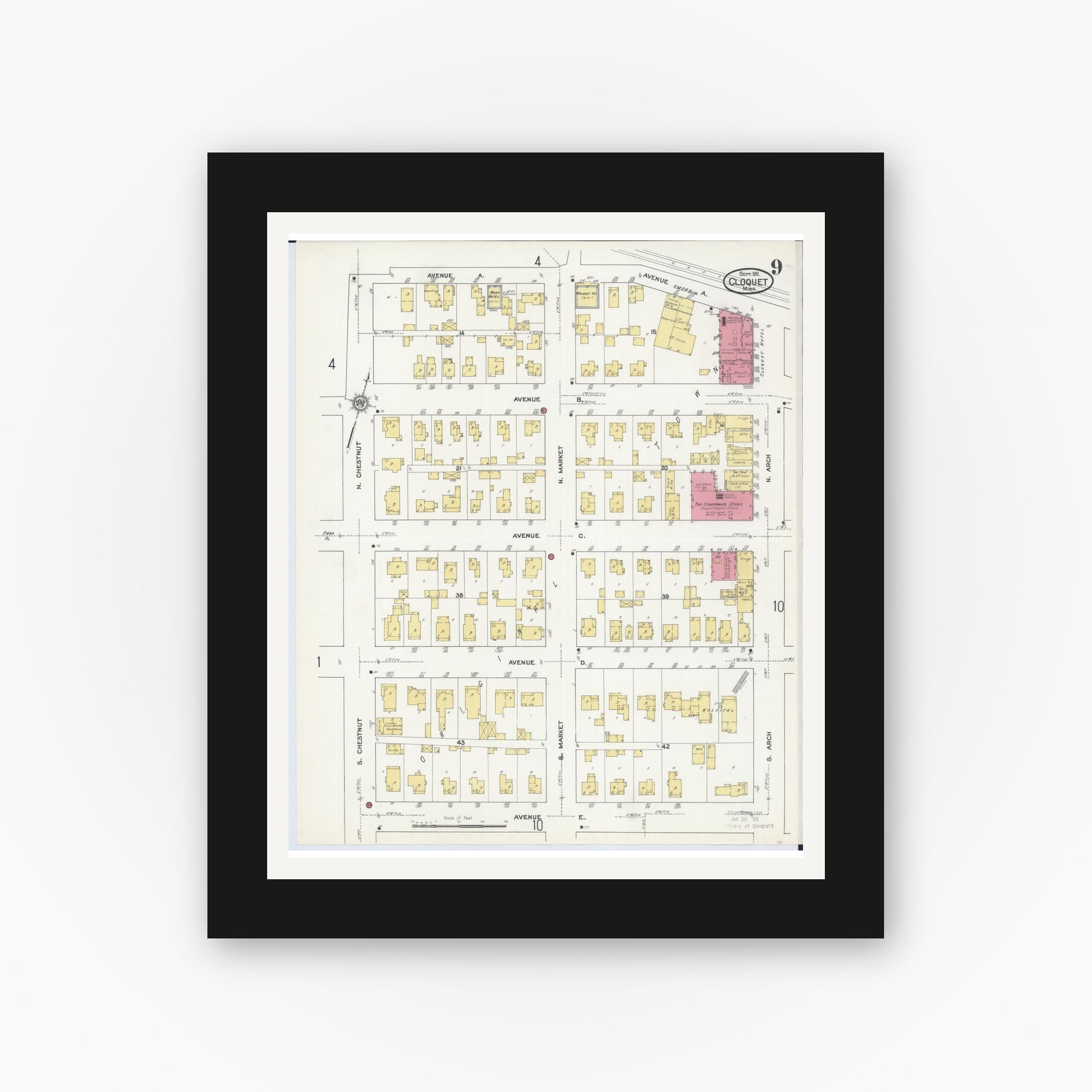 Old map wall art mockup — black gallery frame with white mat — Sanborn Fire Insurance Map from Cloquet, Carlton County, Minnesota (1911), Sheet #0009