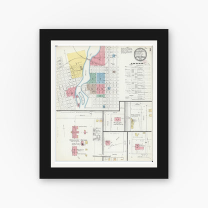 Old map wall art mockup — black gallery frame with white mat — Sanborn Fire Insurance Map from Little Falls, Morrison County, Minnesota (1895) - Complete Map Set