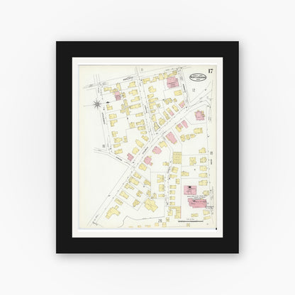 Old map wall art mockup — black gallery frame with white mat — Sanborn Fire Insurance Map from North Adams, Berkshire County, Massachusetts (1908), Sheet #0017