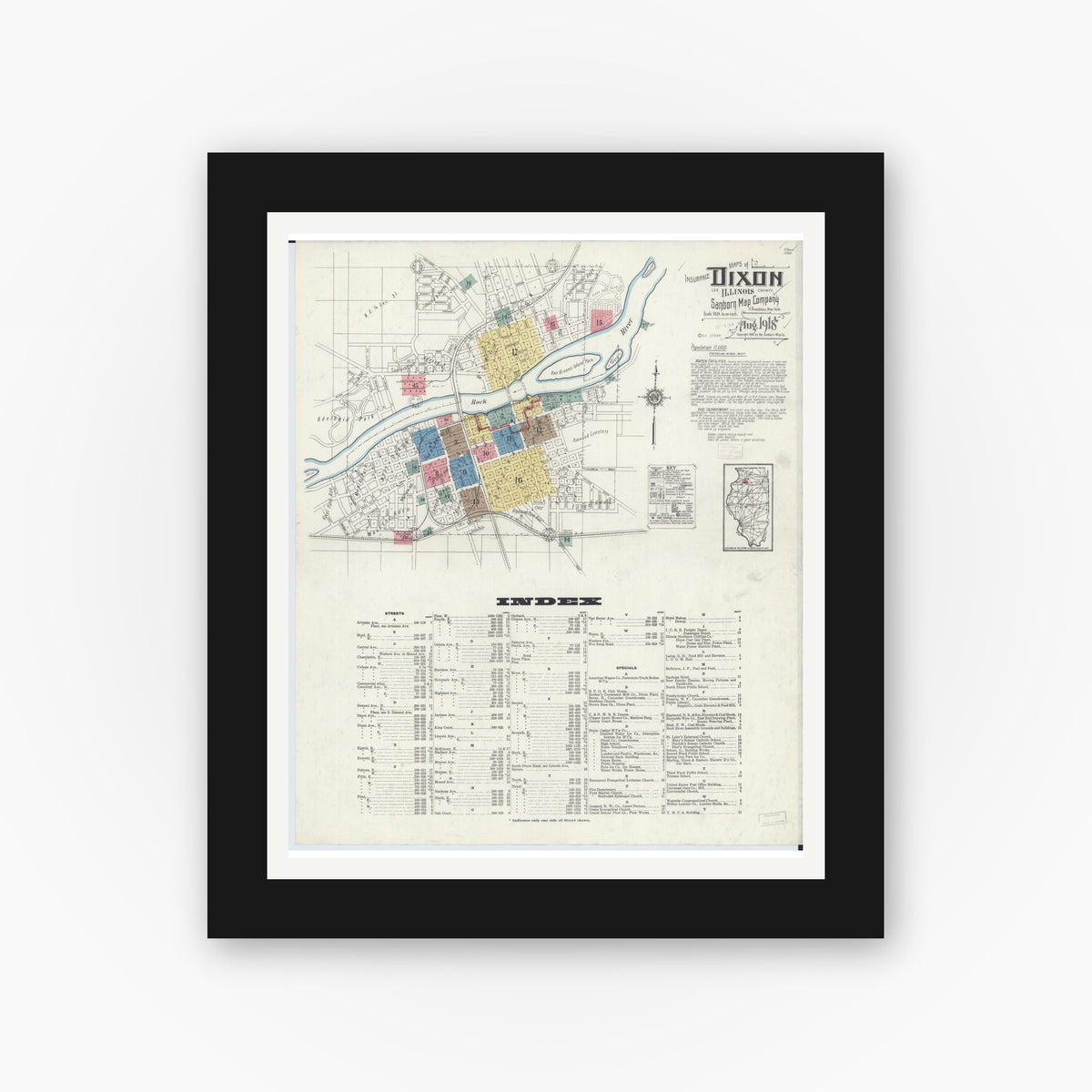 Old map wall art mockup — black gallery frame with white mat — Sanborn Fire Insurance Map from Dixon, Lee County, Illinois (1918) - Complete Map Set