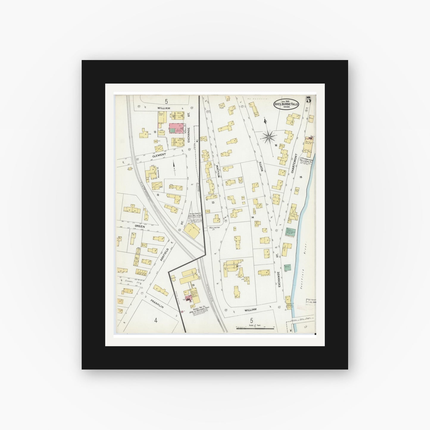 Old map wall art mockup — black gallery frame with white mat — Sanborn Fire Insurance Map from Shelburne Falls, Franklin County, Massachusetts (1905), Sheet #0005