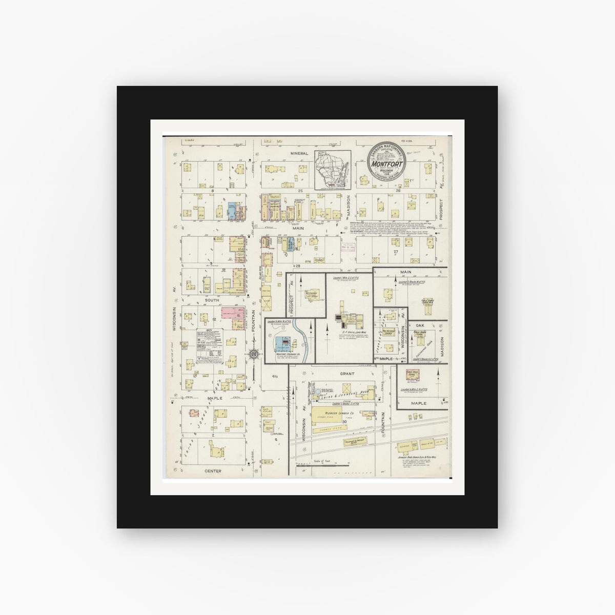 Old map wall art mockup — black gallery frame with white mat — Sanborn Fire Insurance Map from Montfort, Grant County, Wisconsin (1914), Sheet #0001