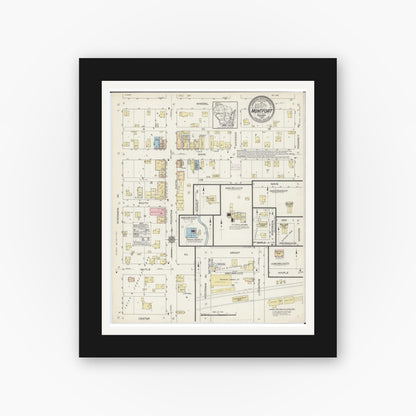 Old map wall art mockup — black gallery frame with white mat — Sanborn Fire Insurance Map from Montfort, Grant County, Wisconsin (1914), Sheet #0001