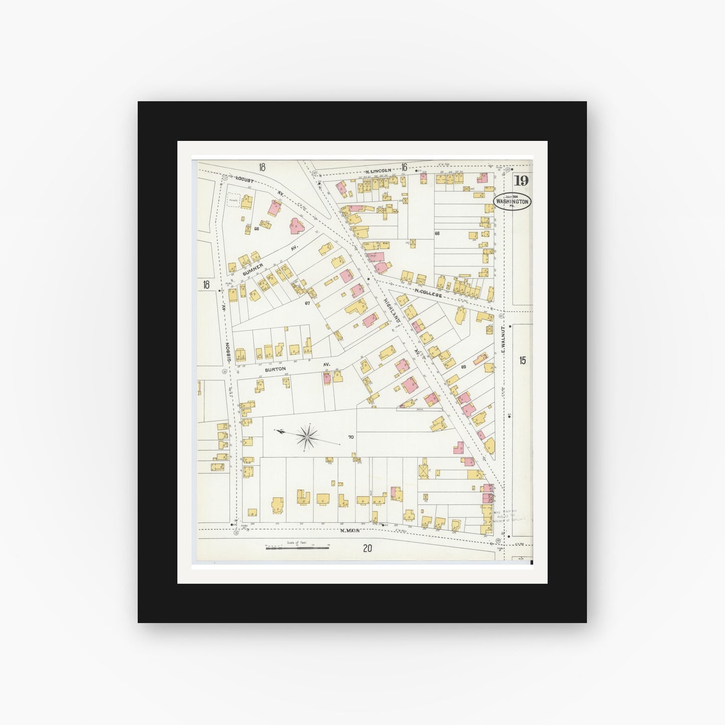 Old map wall art mockup — black gallery frame with white mat — Sanborn Fire Insurance Map from Washington, Washington County, Pennsylvania (1904), Sheet #0019