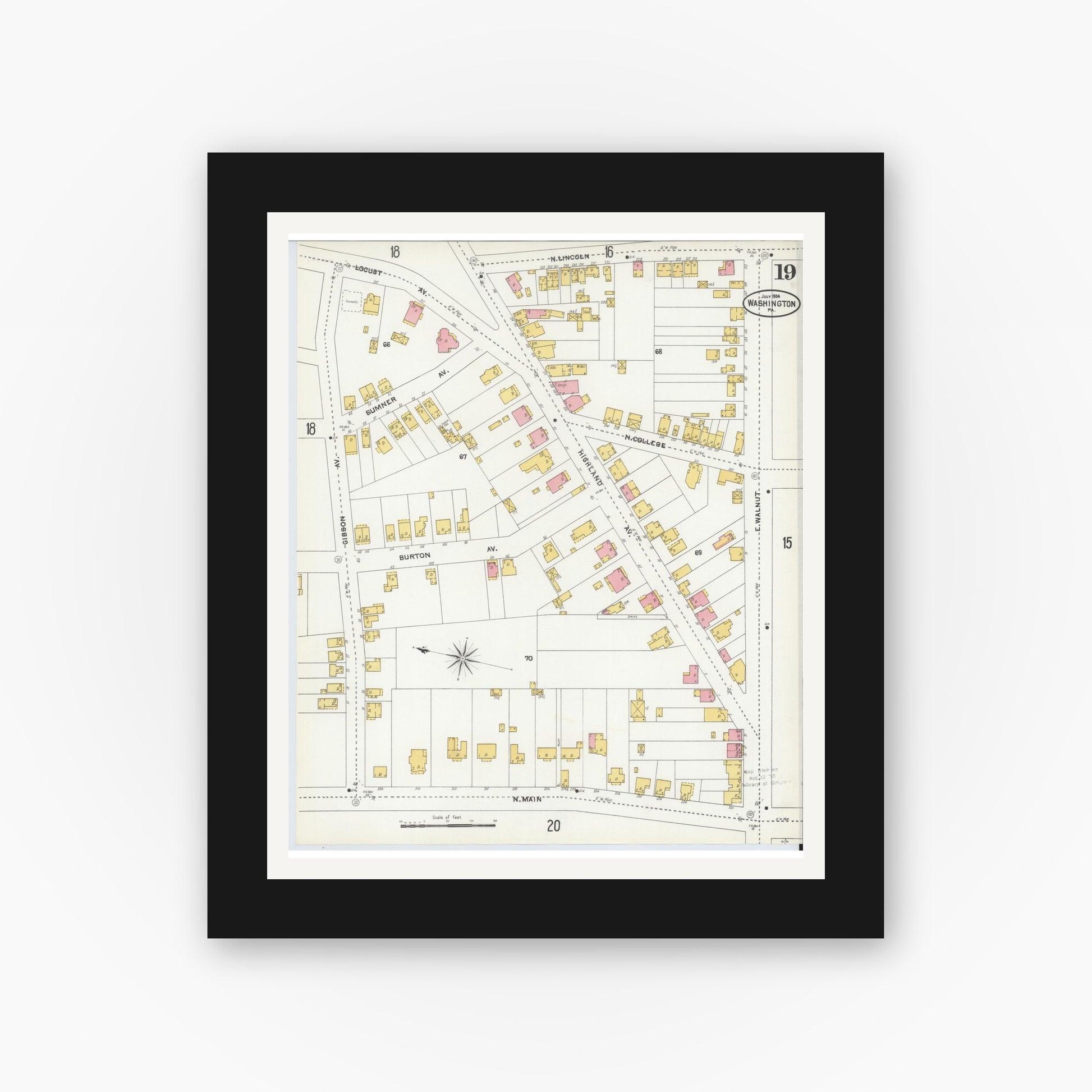 Old map wall art mockup — black gallery frame with white mat — Sanborn Fire Insurance Map from Washington, Washington County, Pennsylvania (1904), Sheet #0019