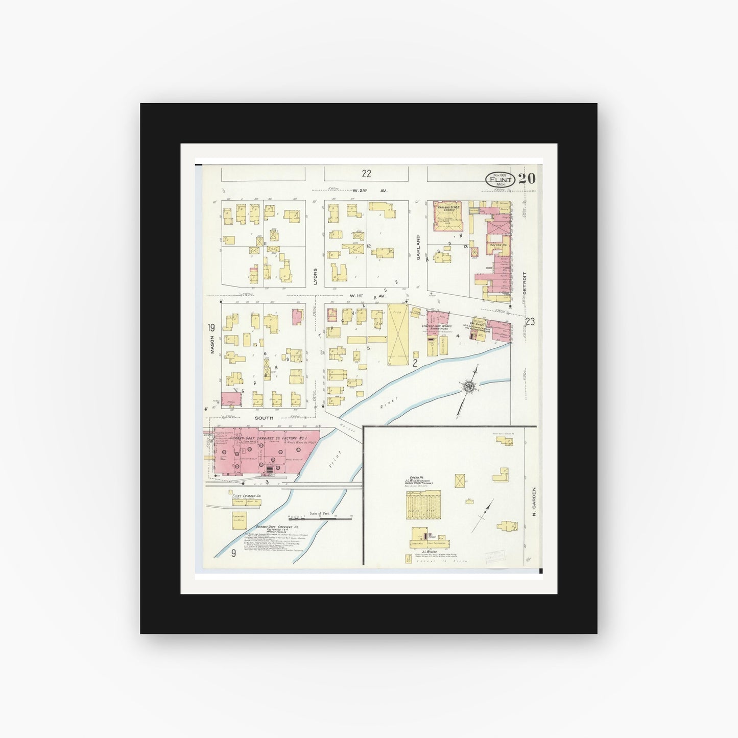 Old map wall art mockup — black gallery frame with white mat — Sanborn Fire Insurance Map from Flint, Genesee County, Michigan (1909), Sheet #0020