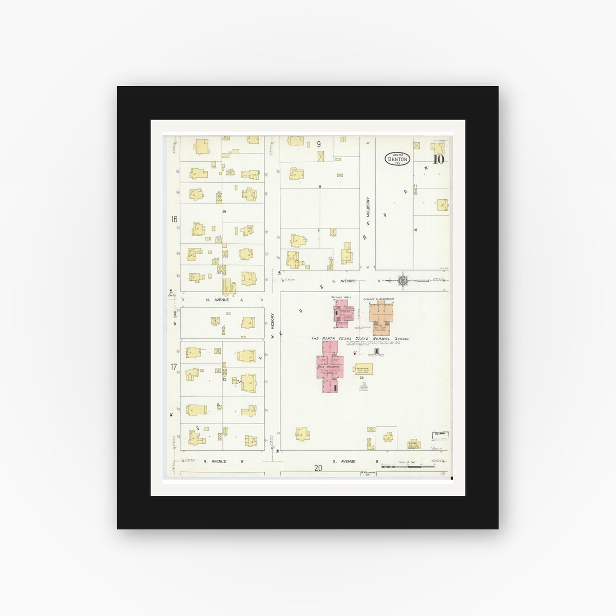 Old map wall art mockup — black gallery frame with white mat — Sanborn Fire Insurance Map from Denton, Denton County, Texas (1912), Sheet #0010