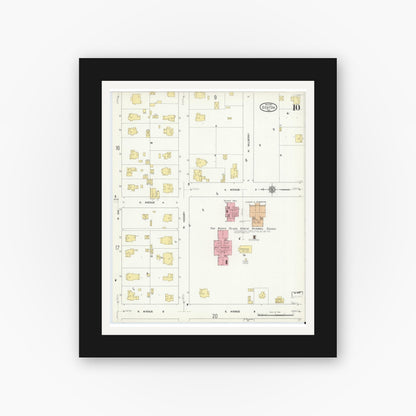 Old map wall art mockup — black gallery frame with white mat — Sanborn Fire Insurance Map from Denton, Denton County, Texas (1912), Sheet #0010