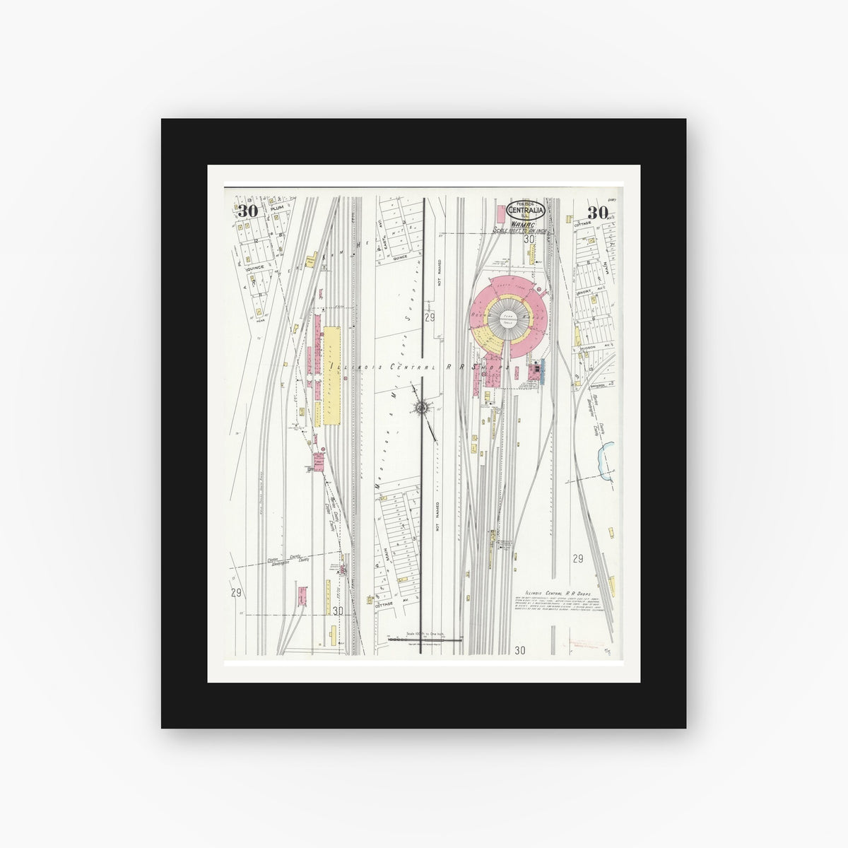 Old map wall art mockup — black gallery frame with white mat — Sanborn Fire Insurance Map from Centralia, Marion, Clinton, Jefferson, and Washington Counties, Illinois (1924), Sheet #0030