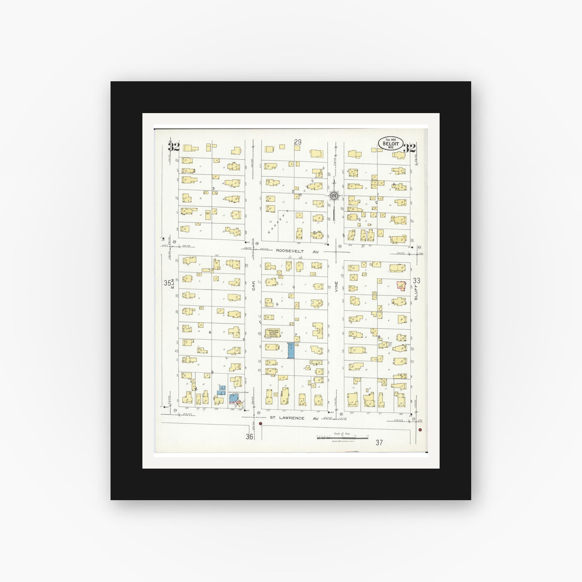 Old map wall art mockup — black gallery frame with white mat — Sanborn Fire Insurance Map from Beloit, Rock County, Wisconsin (1926), Sheet #0032