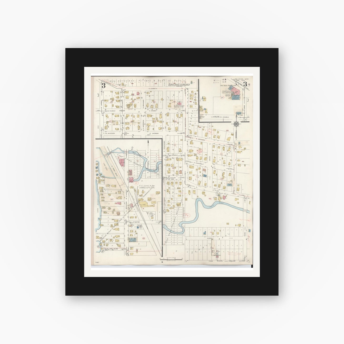 Old map wall art mockup — black gallery frame with white mat — Sanborn Fire Insurance Map from Lake Orion, Oakland County, Michigan (1943), Sheet #0003
