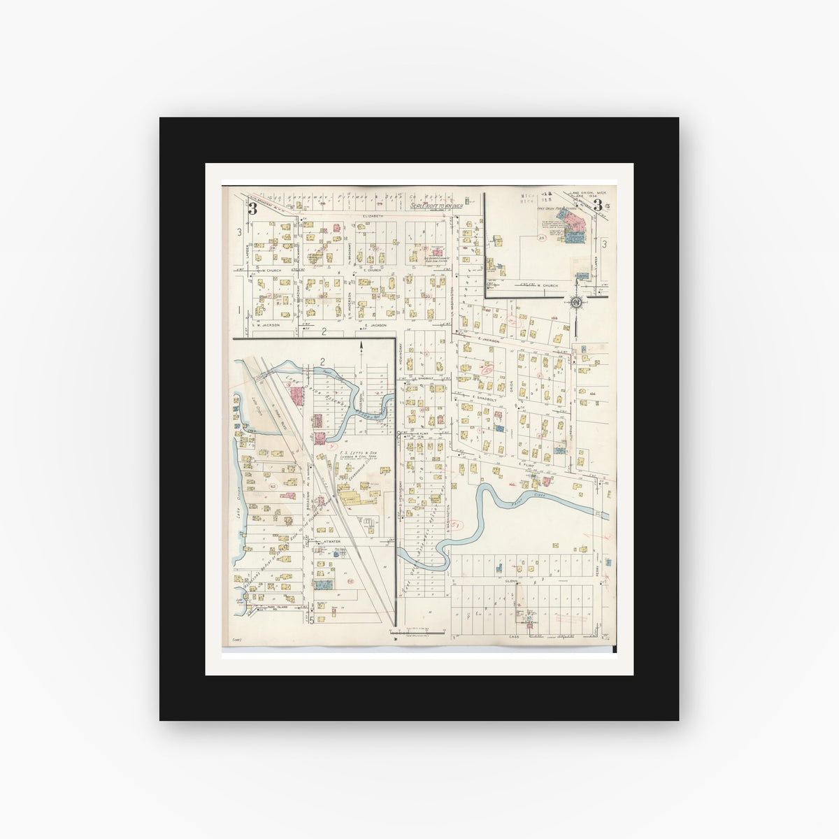 Old map wall art mockup — black gallery frame with white mat — Sanborn Fire Insurance Map from Lake Orion, Oakland County, Michigan (1943), Sheet #0003