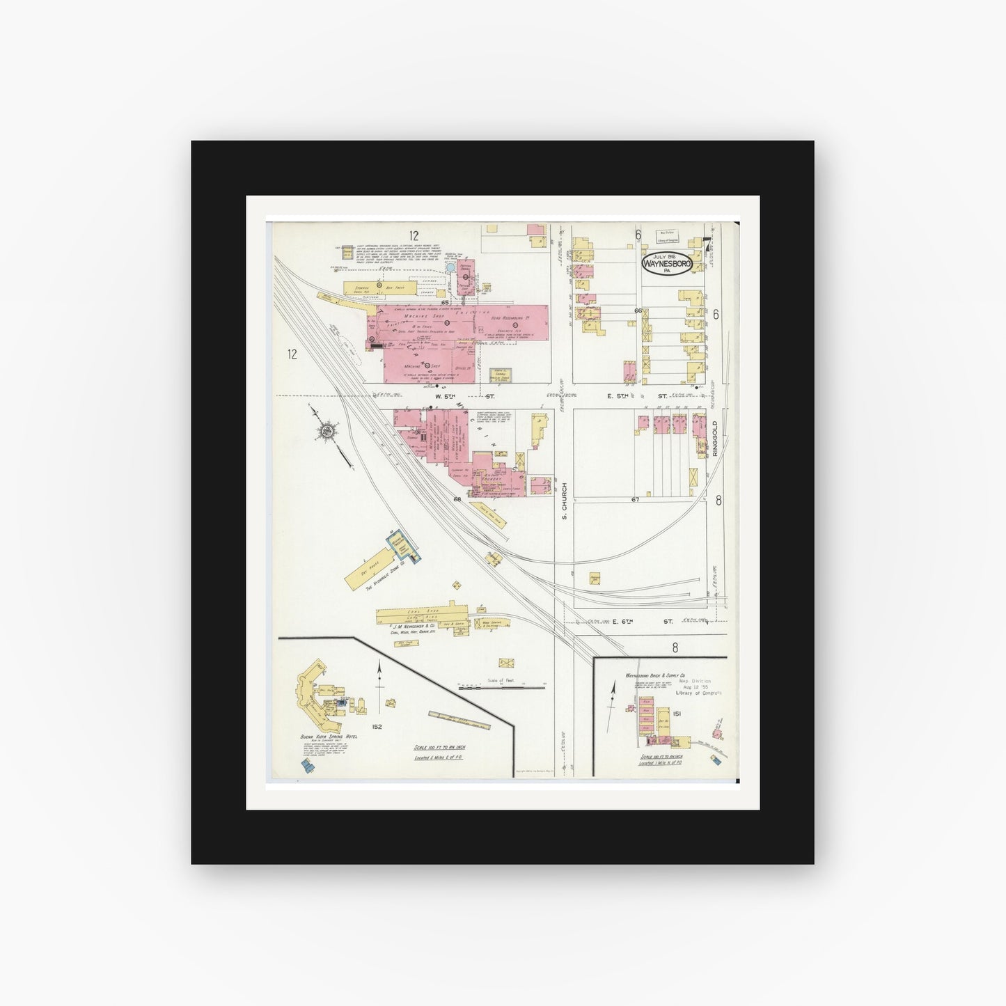 Old map wall art mockup — black gallery frame with white mat — Sanborn Fire Insurance Map from Waynesboro, Franklin County, Pennsylvania (1916), Sheet #0007