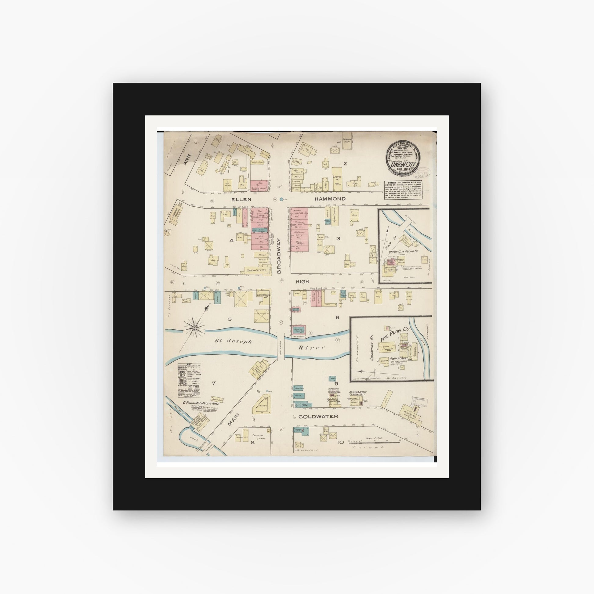 Old map wall art mockup — black gallery frame with white mat — Sanborn Fire Insurance Map from Union City, Branch And Calhoun Counties, Michigan (1884), Sheet #0001