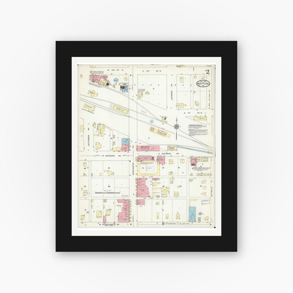 Old map wall art mockup — black gallery frame with white mat — Sanborn Fire Insurance Map from West Plains, Howell County, Missouri (1914), Sheet #0002