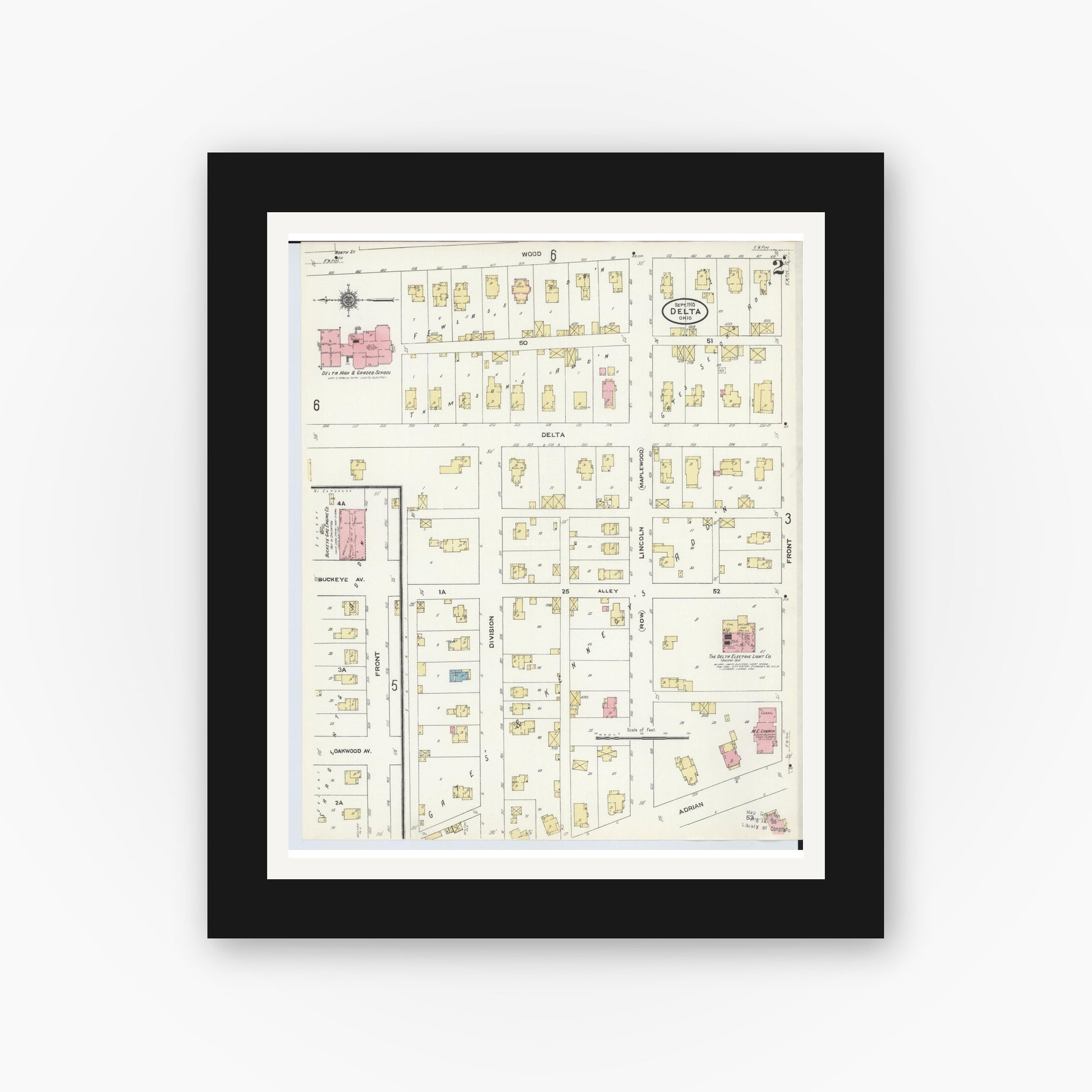 Old map wall art mockup — black gallery frame with white mat — Sanborn Fire Insurance Map from Delta, Fulton County, Ohio (1905), Sheet #0006