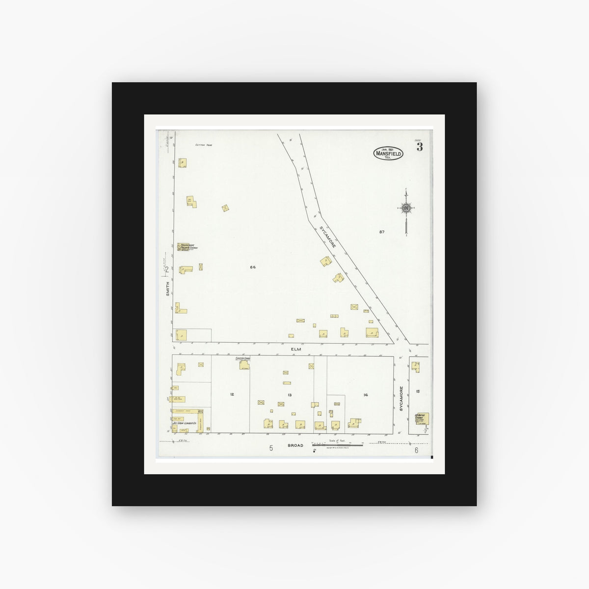 Old map wall art mockup — black gallery frame with white mat — Sanborn Fire Insurance Map from Mansfield, Tarrant County, Texas (1921), Sheet #0003
