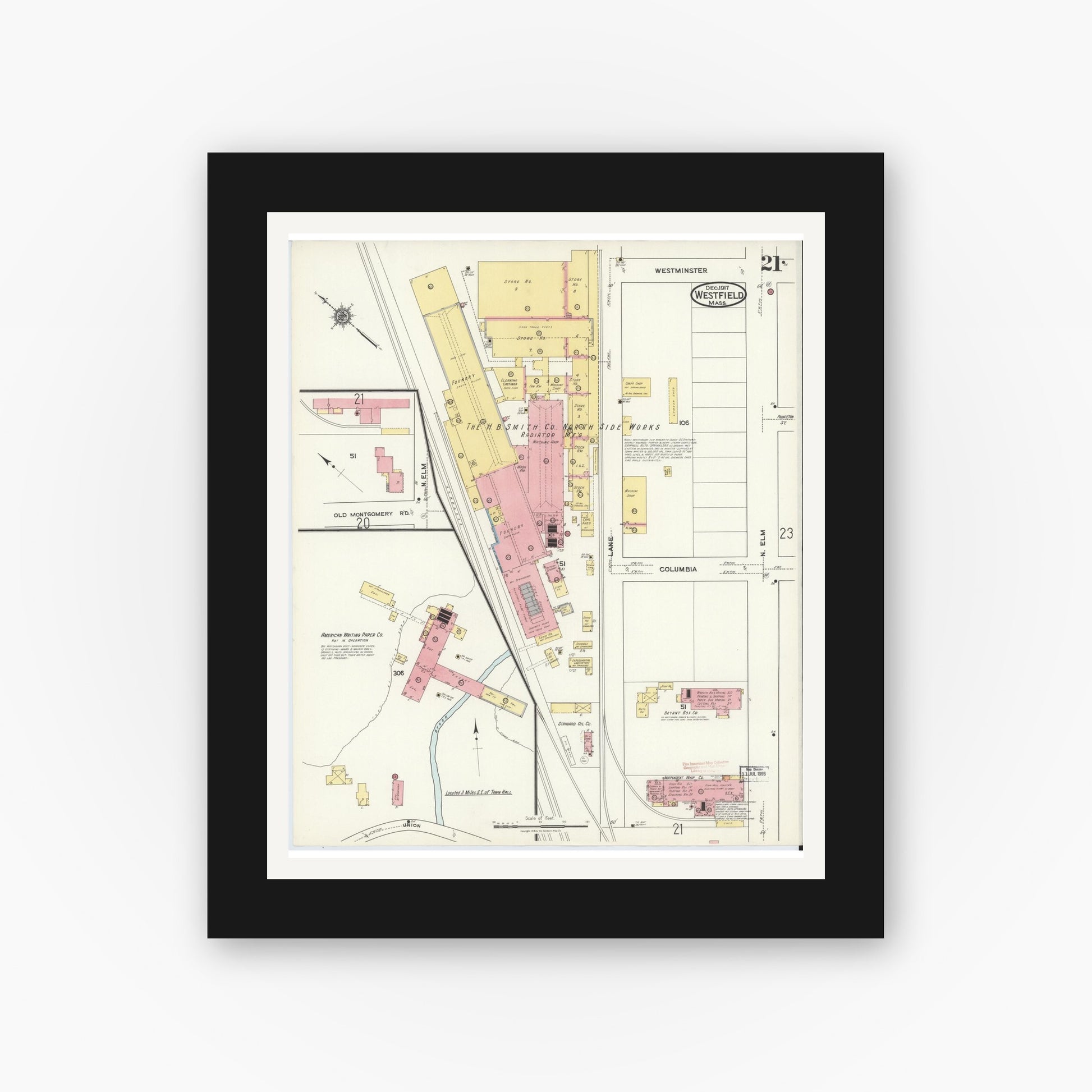 Old map wall art mockup — black gallery frame with white mat — Sanborn Fire Insurance Map from Westfield, Hampden County, Massachusetts (1917), Sheet #0021