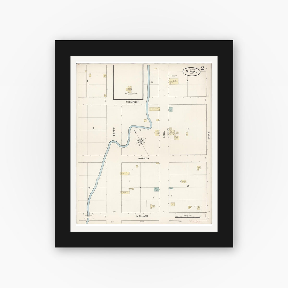 Old map wall art mockup — black gallery frame with white mat — Sanborn Fire Insurance Map from Nipomo, San Luis Obispo County, California (1888), Sheet #0002